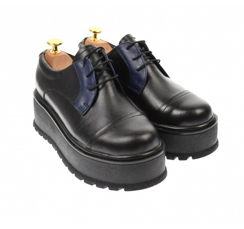 Marimea 39  - Pantofi dama cu  talpa groasa casual, 4 cm, negru cu albastru - LTCC4NA