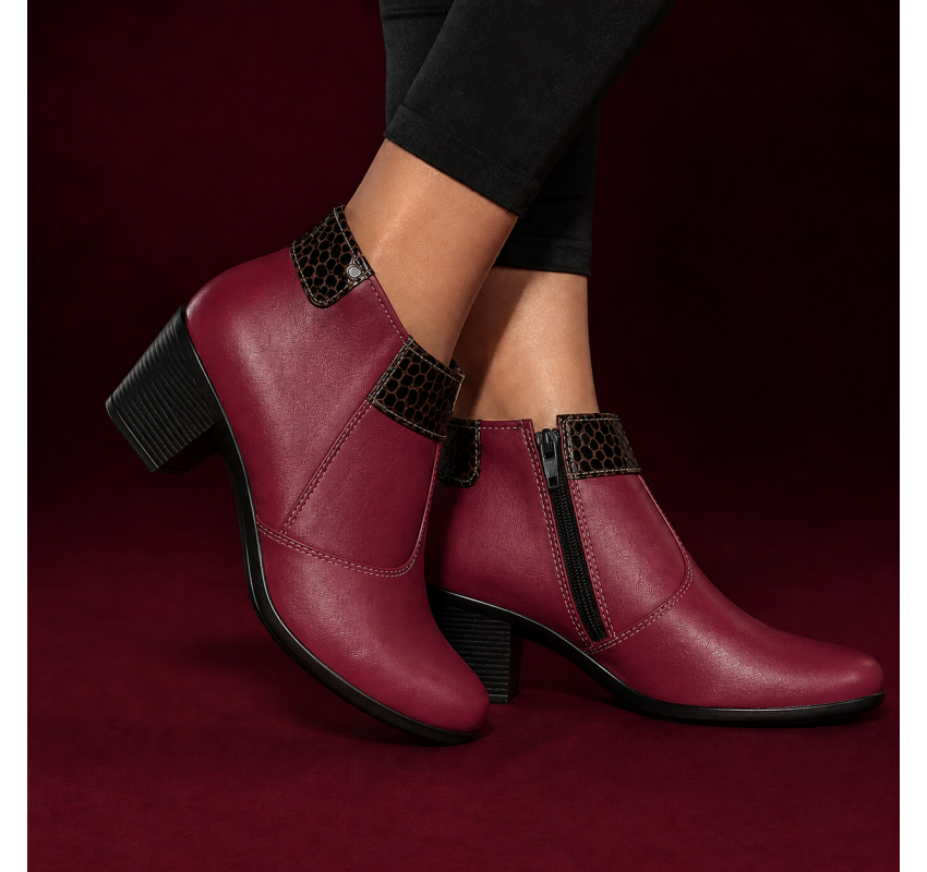 Botine damă grena din piele naturală, cu toc gros și inserții maro lăcuite – elegante și office MV4GRN