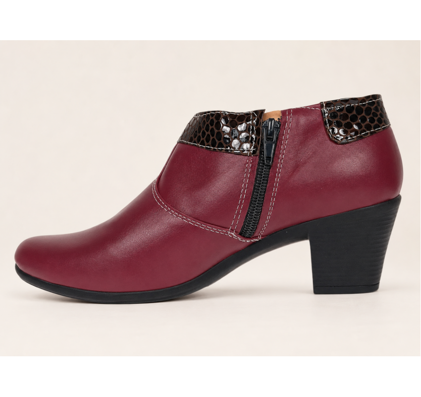 Botine damă grena din piele naturală, cu toc gros și inserții maro lăcuite – elegante și office MV4GRN