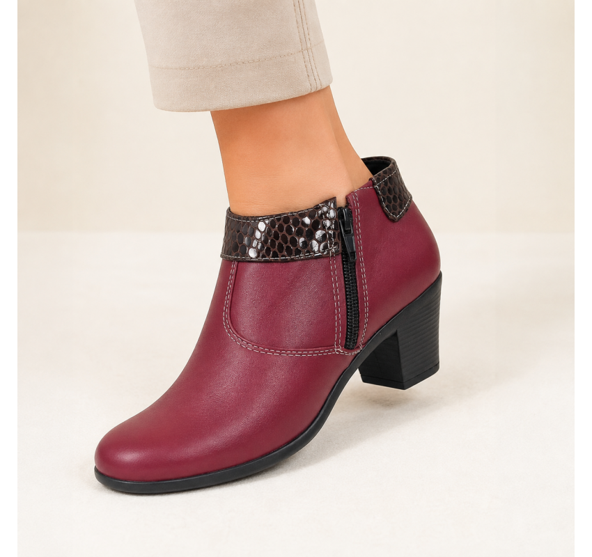 Botine damă grena din piele naturală, cu toc gros și inserții maro lăcuite – elegante și office MV4GRN