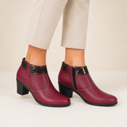 Botine damă grena din piele naturală, cu toc gros și inserții maro lăcuite – elegante și office MV4GRN