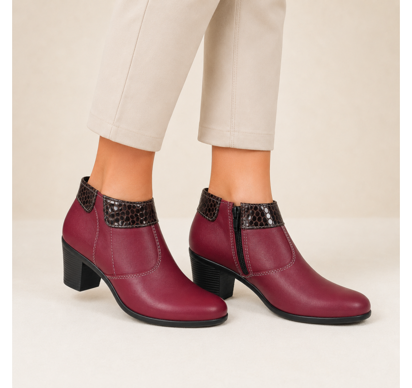 Botine damă grena din piele naturală, cu toc gros și inserții maro lăcuite – elegante și office MV4GRN