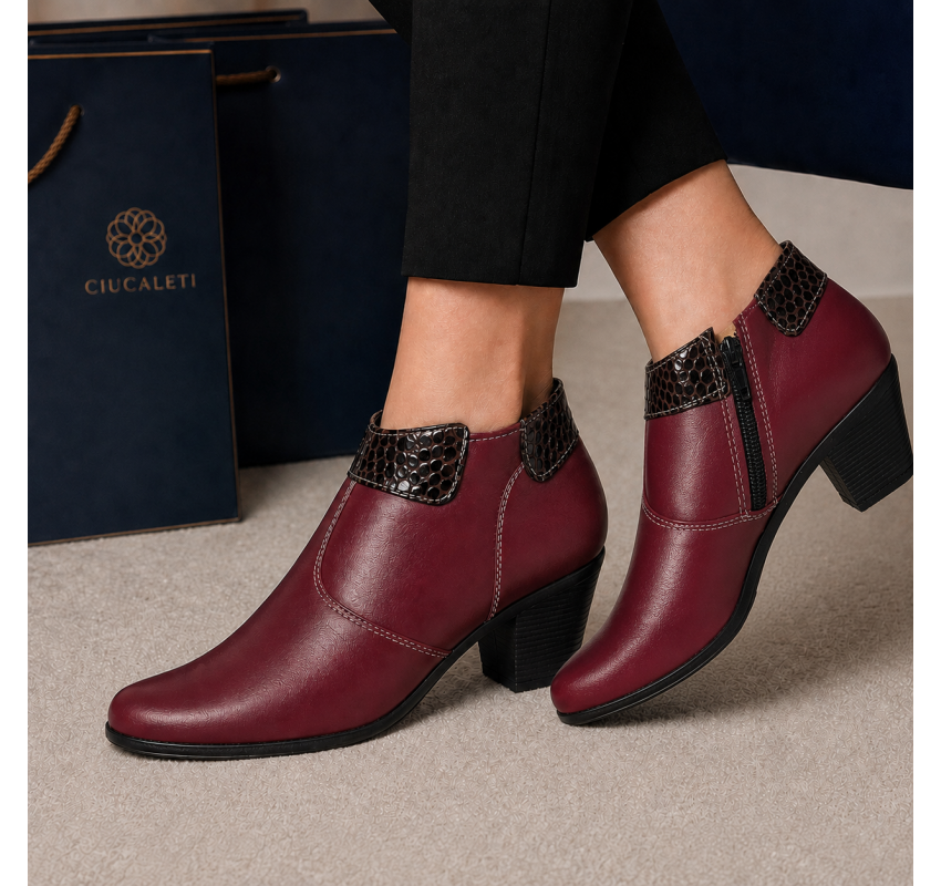 Botine damă grena din piele naturală, cu toc gros și inserții maro lăcuite – elegante și office MV4GRN