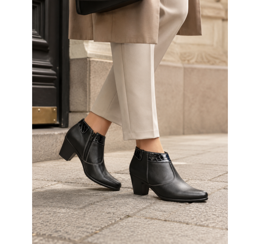 Botine damă negre din piele naturală, cu toc gros și inserții lăcuite – elegante și office MV4NBOX