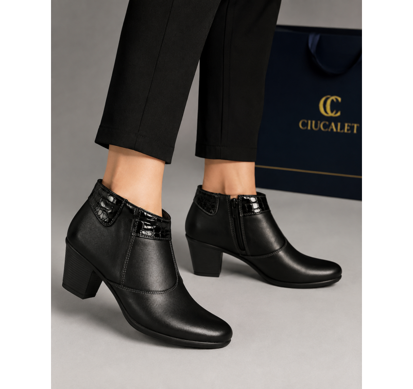 Botine damă negre din piele naturală, cu toc gros și inserții lăcuite – elegante și office MV4NBOX
