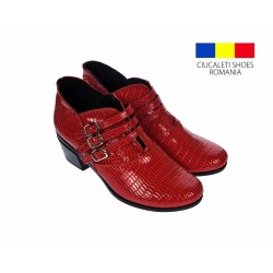 Botine dama din piele naturala Croco, Barete, Catarame argintii, Toc de 5 cm, Rosu - MVS63CTCR-R