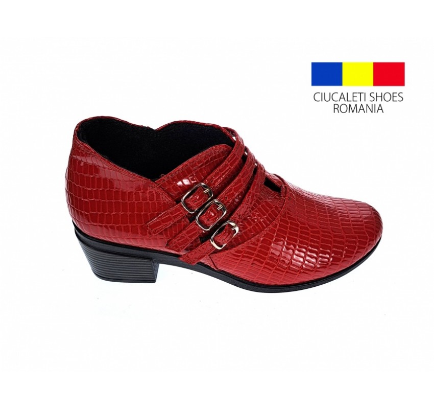 Botine dama din piele naturala Croco, Barete, Catarame argintii, Toc de 5 cm, GRENA - MVS63CTCRGR