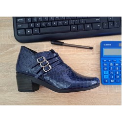 Botine dama din piele naturala Croco, Barete, Catarame argintii, Toc de 5 cm, Maro - MVS63CTCRM