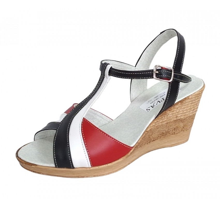 Sandale dama din piele naturala, cu platforme de 7 cm, negru - alb - rosu, MVS71RAN