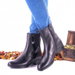 Ghete dama casual din piele naturala cu suvite lac, Negru, NA011