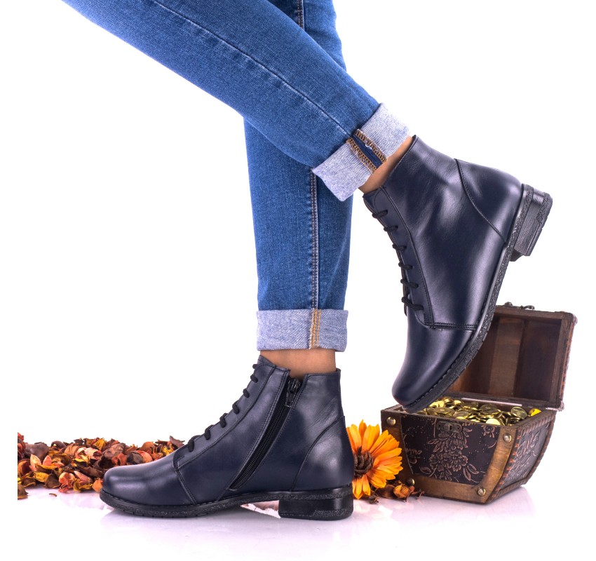 Ghete dama casual din piele naturala bleumarin cu siret si fermoar NA160BL