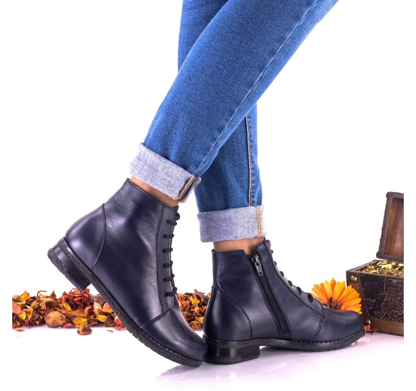 Ghete dama casual din piele naturala bleumarin cu siret si fermoar NA160BL