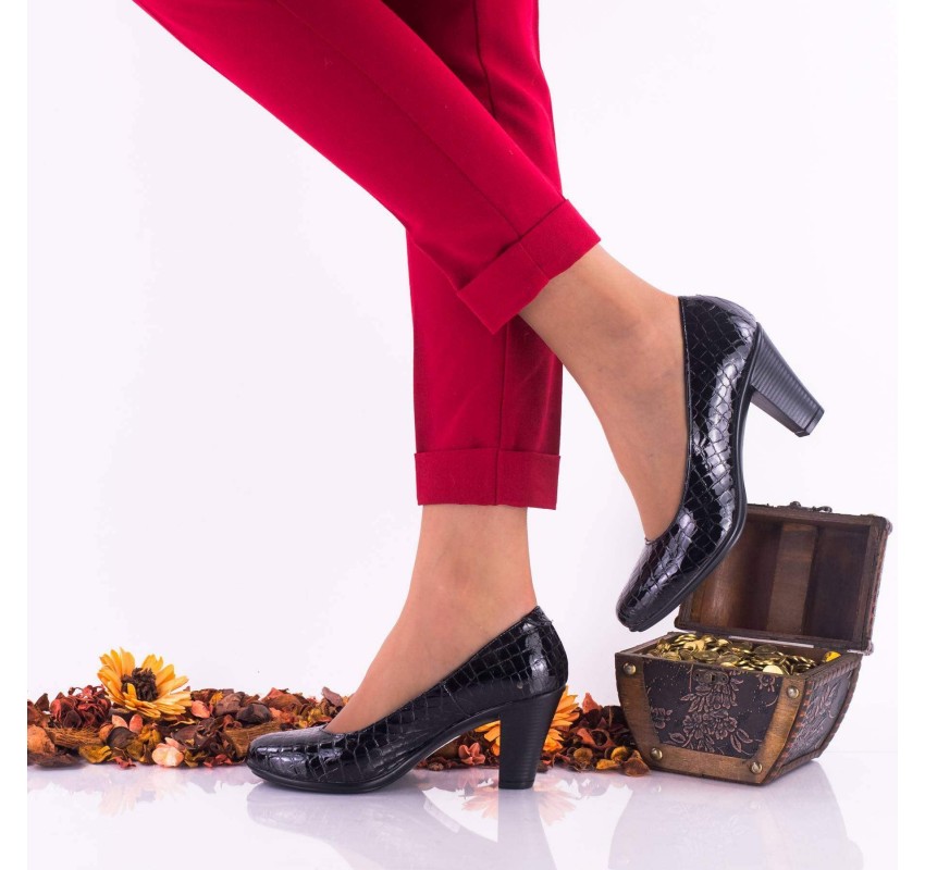Pantofi dama eleganti din piele naturala ci toc de 7cm - Negru Croco Lac NA236 Pantofi dama eleganti din piele naturala ci toc de 7cm - Negru Croco Lac NA236