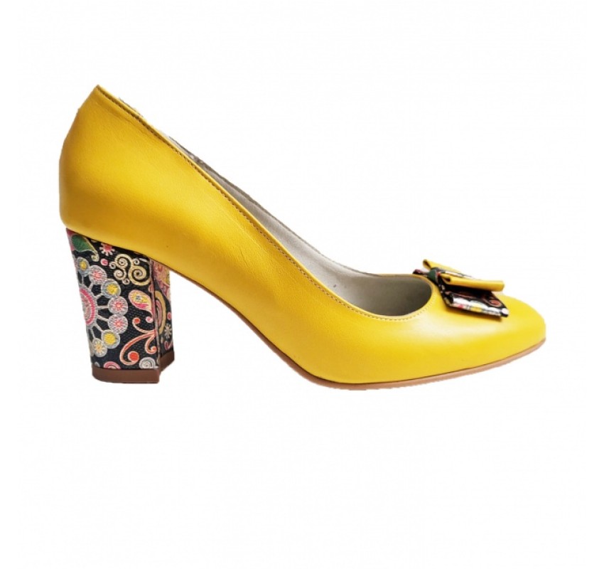 Pantofi eleganti dama, galbeni, din piele naturala box, toc 6 cm - NA41G