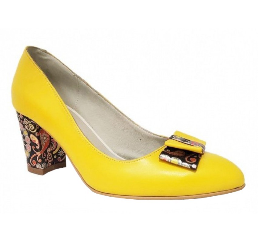 Pantofi eleganti dama, galbeni, din piele naturala box, toc 6 cm - NA41G