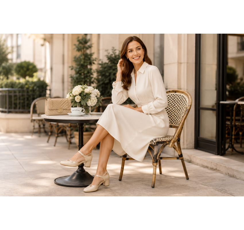 Pantofi damă bej din piele naturală, cu toc gros și barete elegante – Bej Box cu Bej Lac NA50BLP