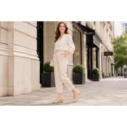 Pantofi damă bej din piele naturală, cu toc gros și barete elegante – Bej Box cu Bej Lac NA50BLP