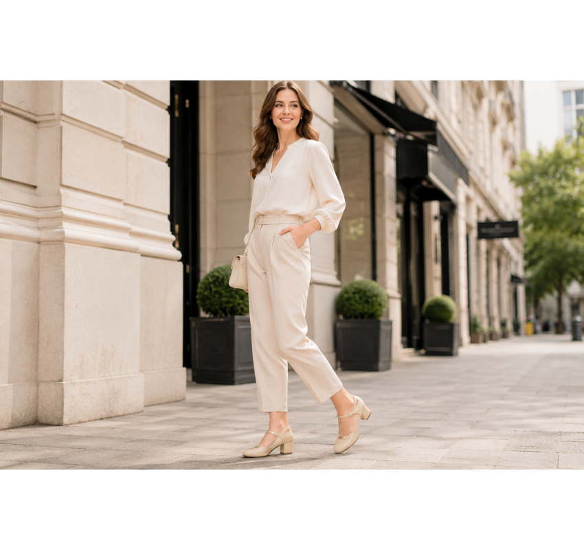Pantofi damă bej din piele naturală, cu toc gros și barete elegante – Bej Box cu Bej Lac NA50BLP