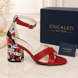 Sandale damă roșii din piele naturală, cu toc gros floral de 7cm – NA56RMC