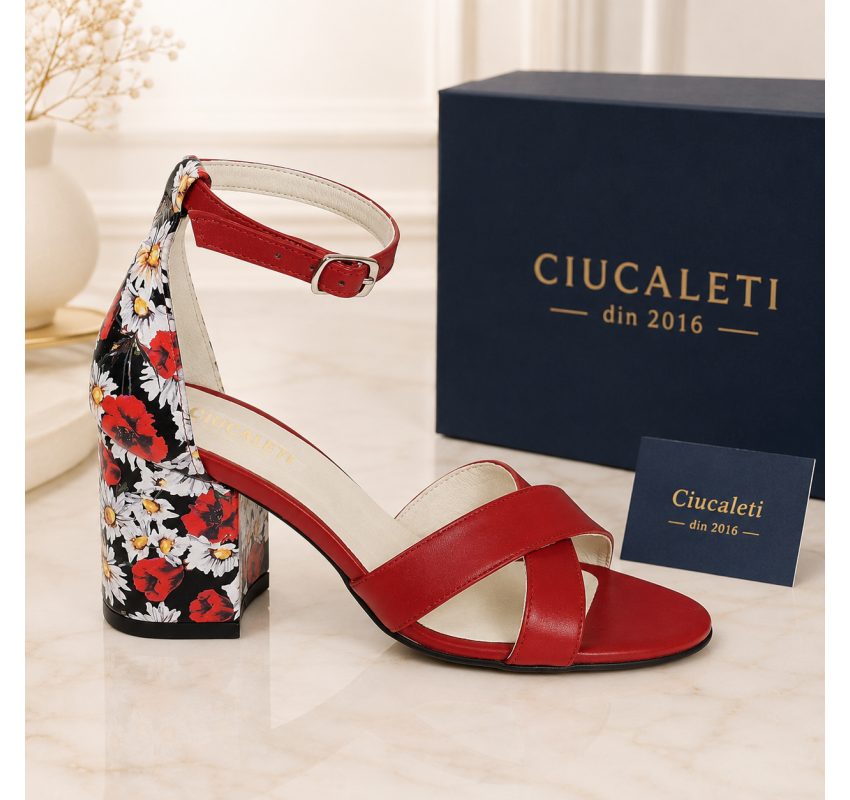 Sandale damă roșii din piele naturală, cu toc gros floral de 7cm – NA56RMC