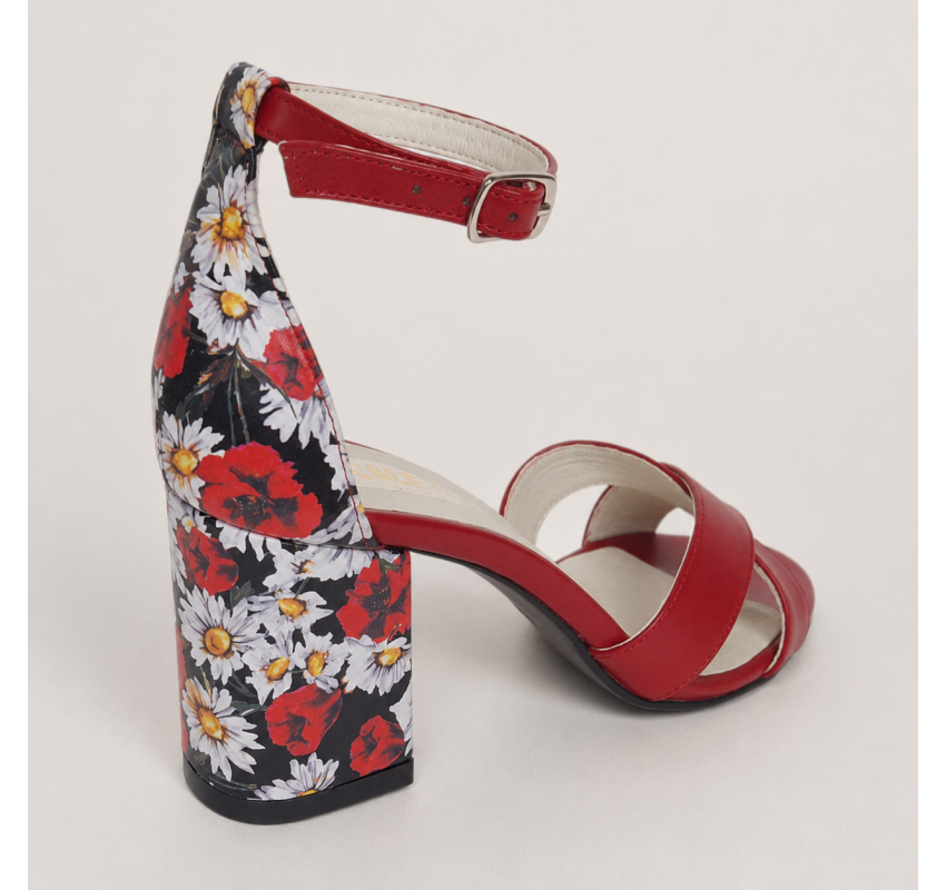 Sandale damă roșii din piele naturală, cu toc gros floral de 7cm – NA56RMC