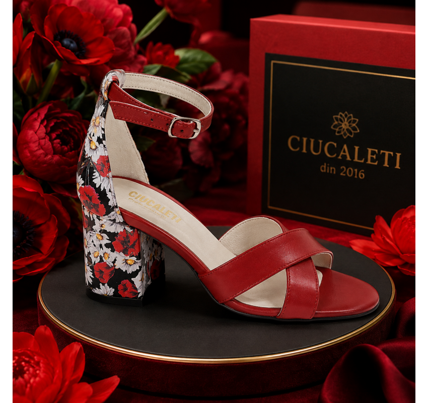 Sandale damă roșii din piele naturală, cu toc gros floral de 7cm – NA56RMC