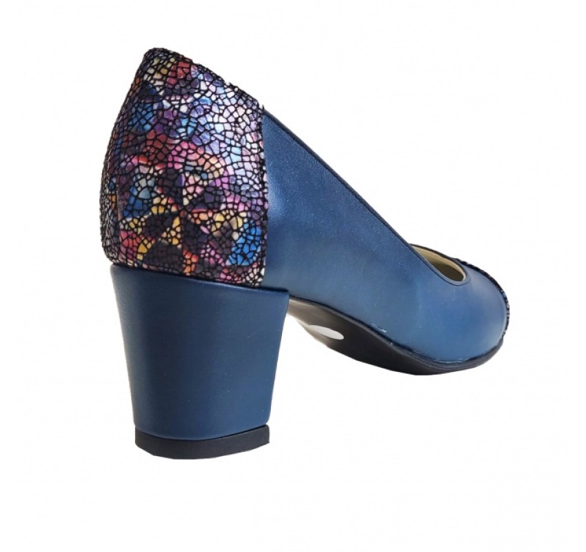 Pantofi eleganti dama, albastri, mozaic, din piele naturala box, toc 5 cm - NA74A2