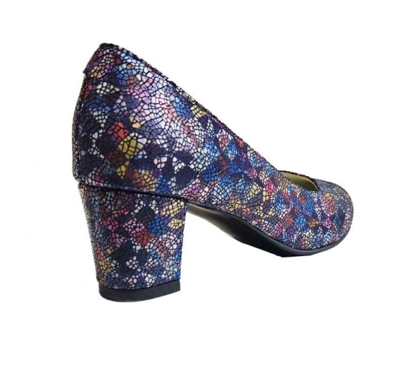 Pantofi eleganti dama, albastri, mozaic, din piele naturala box, toc 5 cm - NA74A