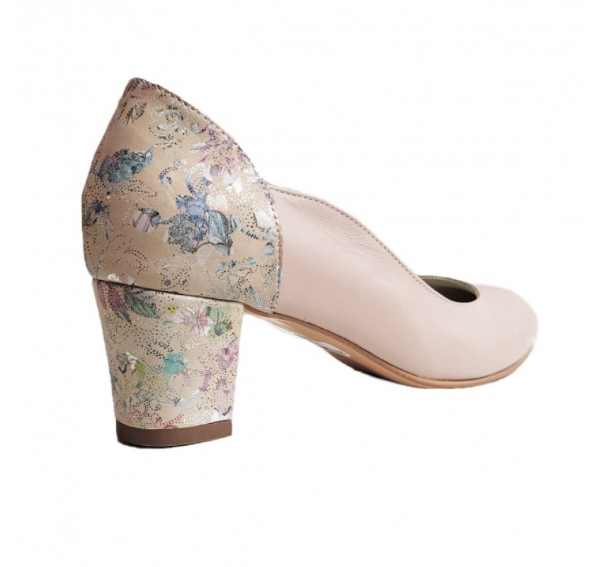 Pantofi eleganti dama, roz bej, model floral, din piele naturala box, toc 5 cm - NA74ROZ