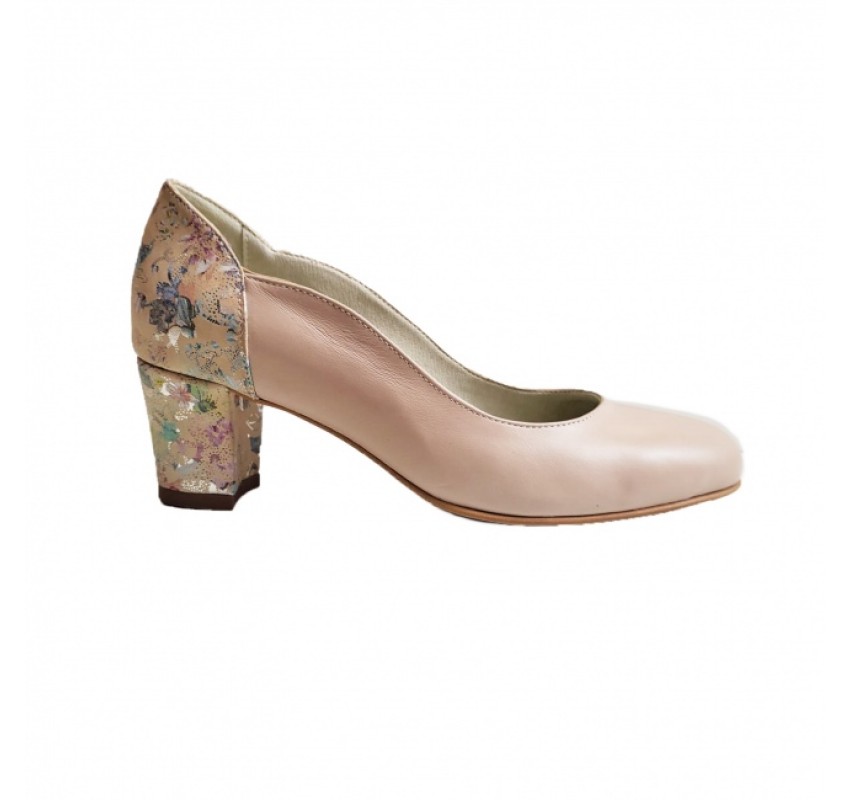 Pantofi eleganti dama, roz bej, model floral, din piele naturala box, toc 5 cm - NA74ROZ