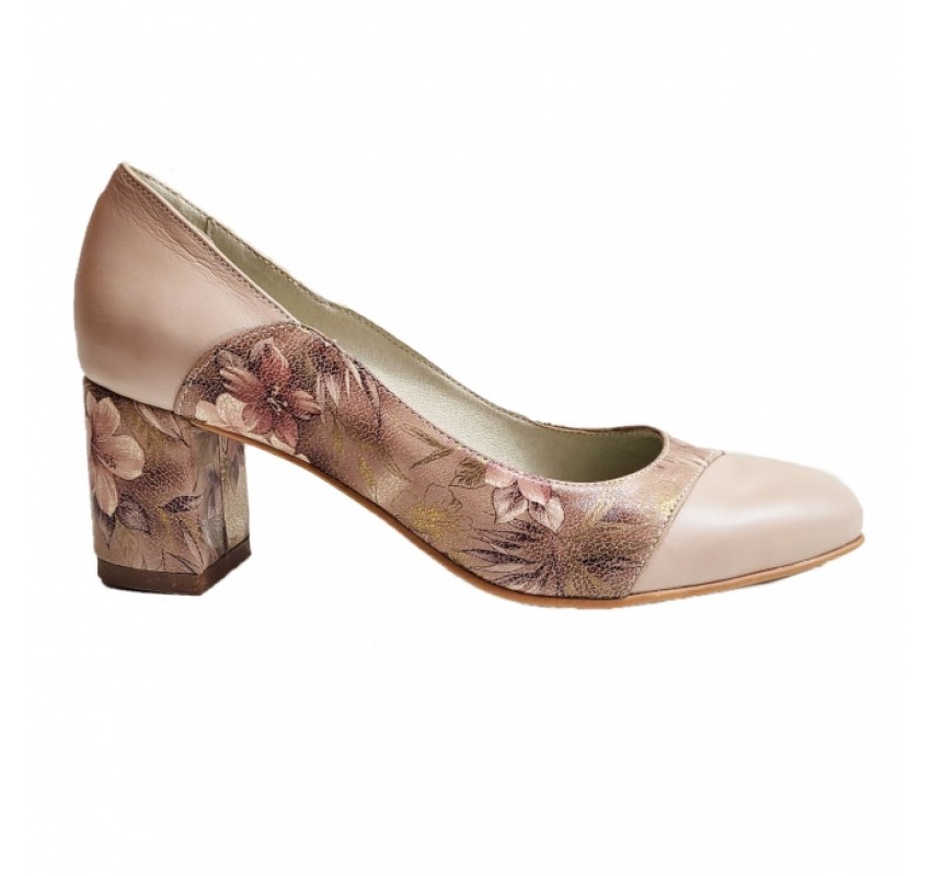 Pantofi eleganti dama, bej, model floral, din piele naturala box, toc 6 cm - NA76BEJ