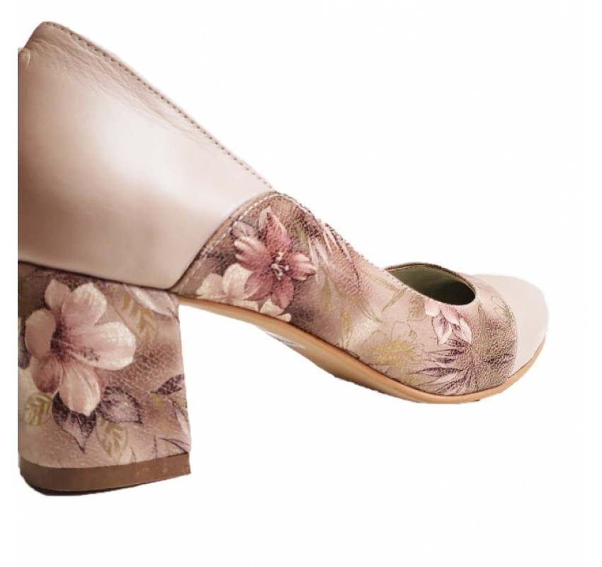 Pantofi eleganti dama, bej, model floral, din piele naturala box, toc 6 cm - NA76BEJ