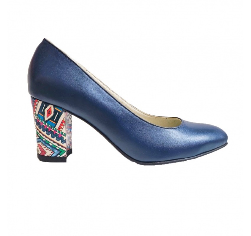 Pantofi eleganti dama, albastri, din piele naturala box, toc 6 cm - NA87A3