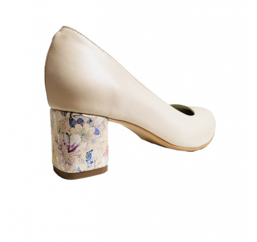 Pantofi eleganti dama, bej, model floral, din piele naturala box, toc 5 cm - NA87BEJ3