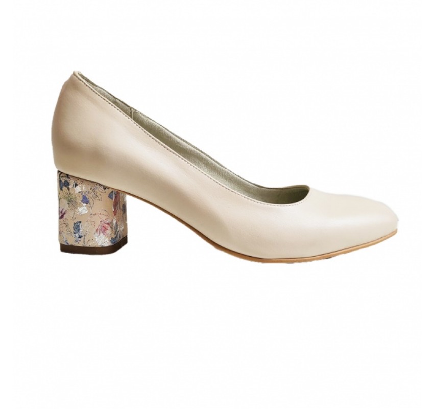 Pantofi eleganti dama, bej, model floral, din piele naturala box, toc 5 cm - NA87BEJ3