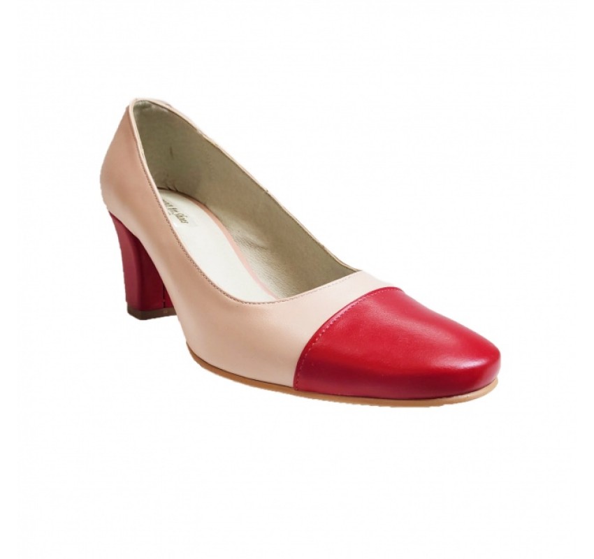 Pantofi eleganti dama, bej cu rosu, din piele naturala box, toc 6 cm - NA87BEJR