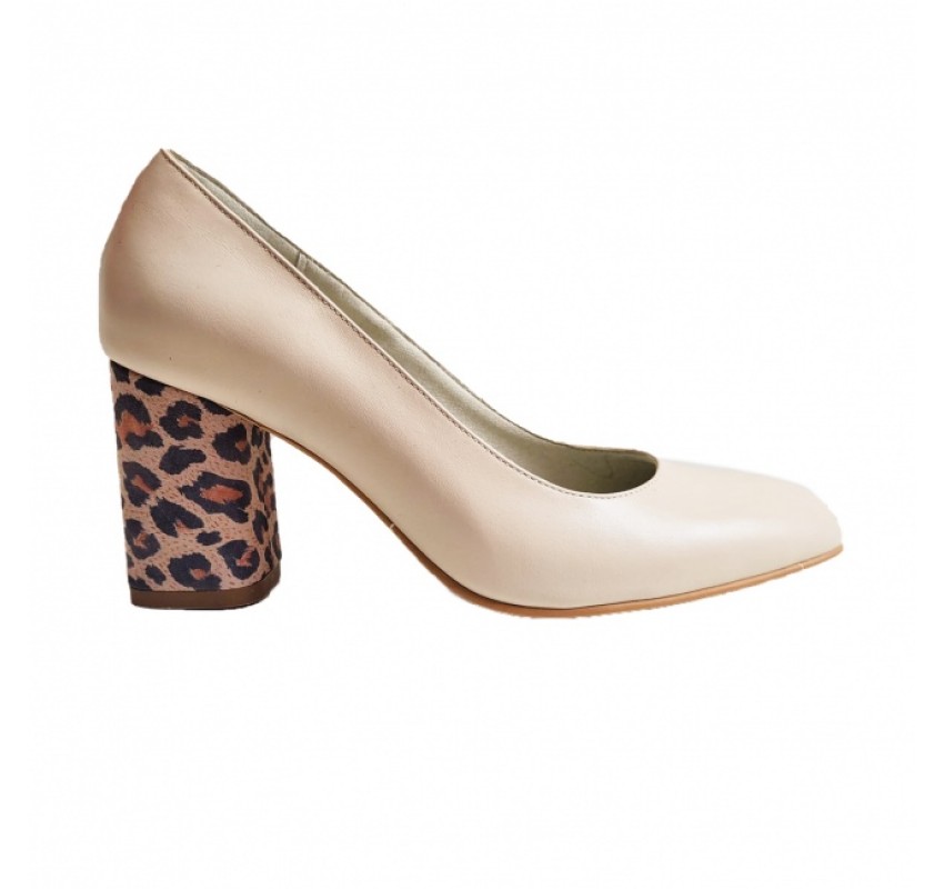 Pantofi eleganti dama, bej, imprimeu sarpe, din piele naturala box, toc 6 cm - NA87BEJS2