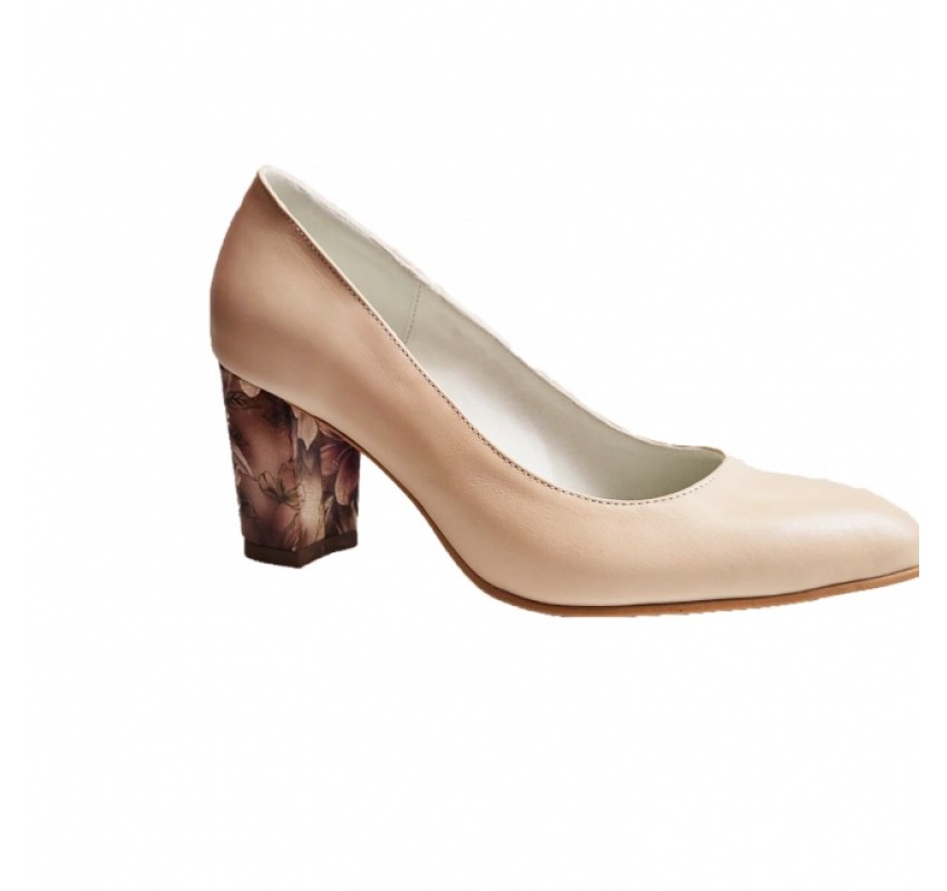 Pantofi eleganti dama, bej, model floral, din piele naturala box, toc 6 cm - NA87BEJ