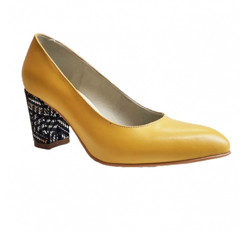 Pantofi eleganti dama, galbeni, din piele naturala box, toc 6 cm - NA87GALBEN