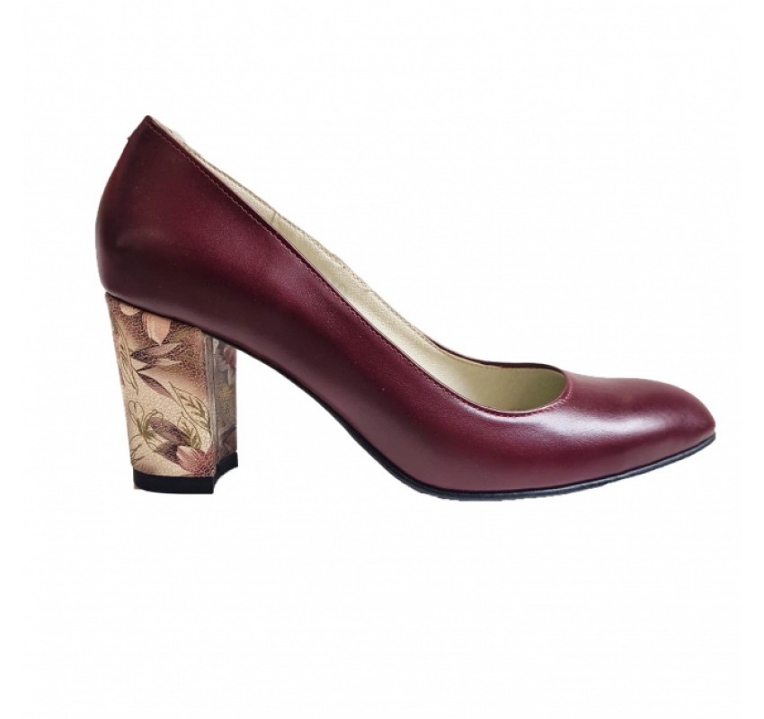 Pantofi eleganti dama, bordo, model floral, din piele naturala box, toc 6 cm - NA87VIS