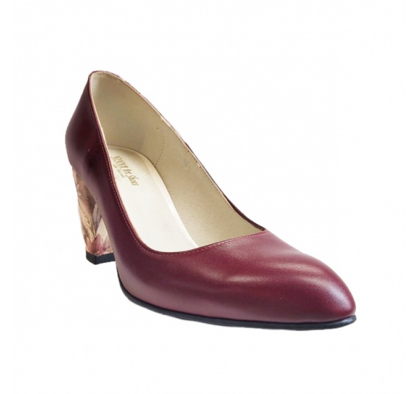 Pantofi eleganti dama, bordo, model floral, din piele naturala box, toc 6 cm - NA87VIS