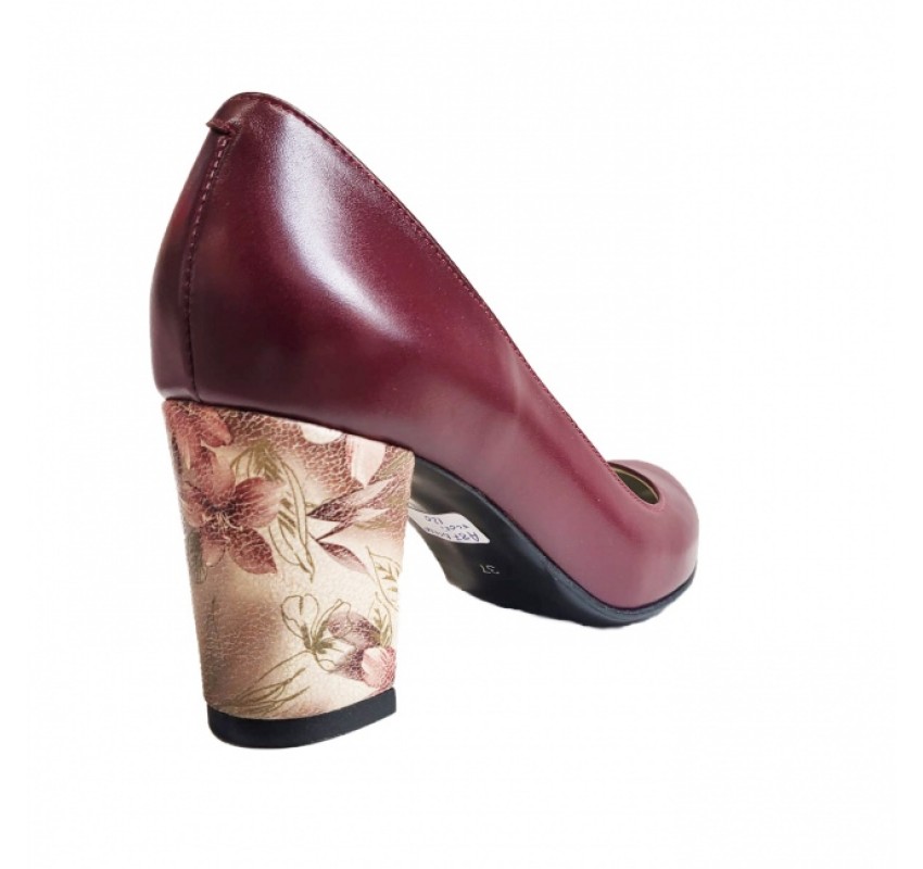 Pantofi eleganti dama, bordo, model floral, din piele naturala box, toc 6 cm - NA87VIS