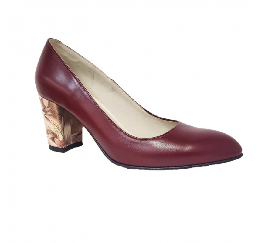 Pantofi eleganti dama, bordo, model floral, din piele naturala box, toc 6 cm - NA87VIS