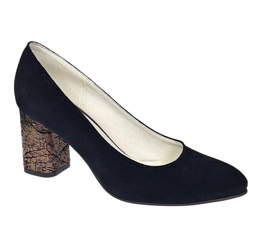 Pantofi eleganti dama, negri, din piele intoarsa, toc aramiu 6 cm - NA97N