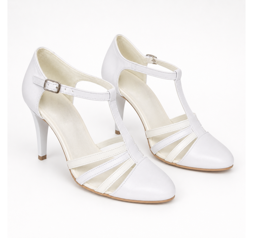 Pantofi dama albi eleganti, decupati din piele naturala, toc 9cm NAA11APL