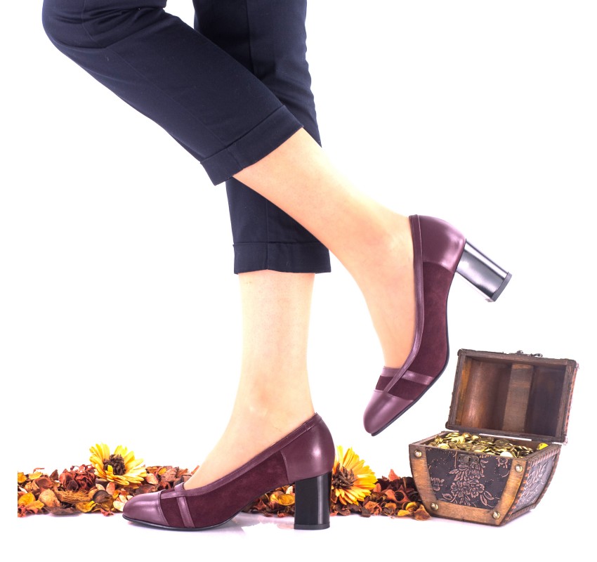 Pantofi dama, eleganti, din piele naturala si piele intoarsa, bordo toc 6cm - NAA36