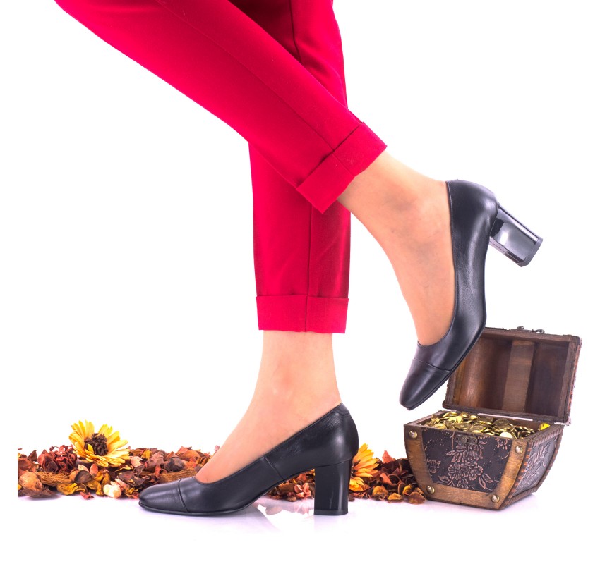 Pantofi dama din piele naturala, negri toc 6cm - NAA3NP