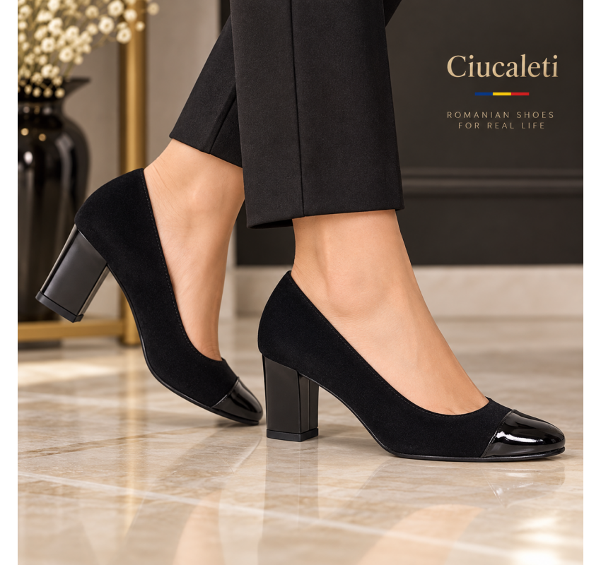 Pantofi dama eleganti din piele intoarsa si piele lacuita negri cu toc 7 cm NAA3NSL