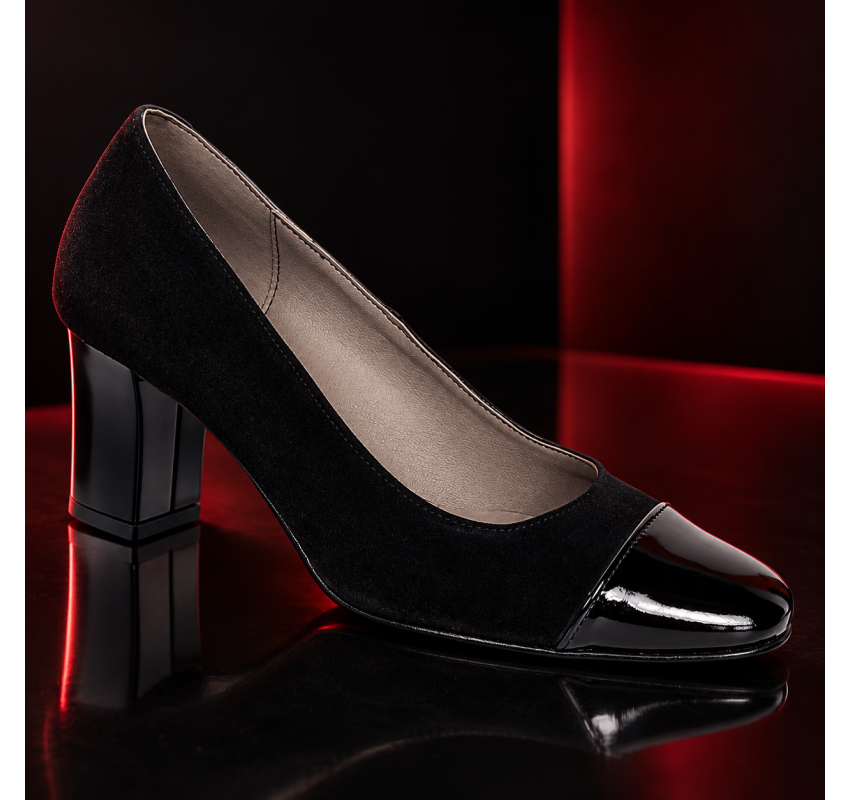 Pantofi dama eleganti din piele intoarsa si piele lacuita negri cu toc 7 cm NAA3NSL