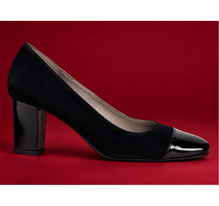 Pantofi dama eleganti din piele intoarsa si piele lacuita negri cu toc 7 cm NAA3NSL